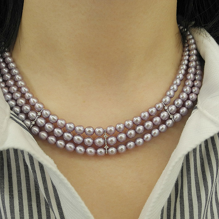 [11032] 田崎真珠 真珠ネックレス K18WG ラベンダーパール 3連 ダイヤモンド0,07ct - 広田屋 ブランド質屋通販